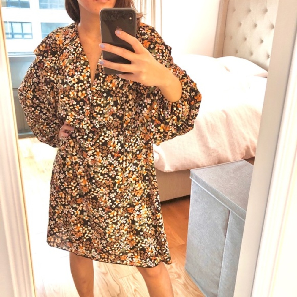 NWT Zara Floral Satin Boho Balloon Sleeve Dress - Picture 5 of 6